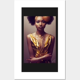 Beautiful Black Woman Wearing Unique Gold Dress Posters and Art